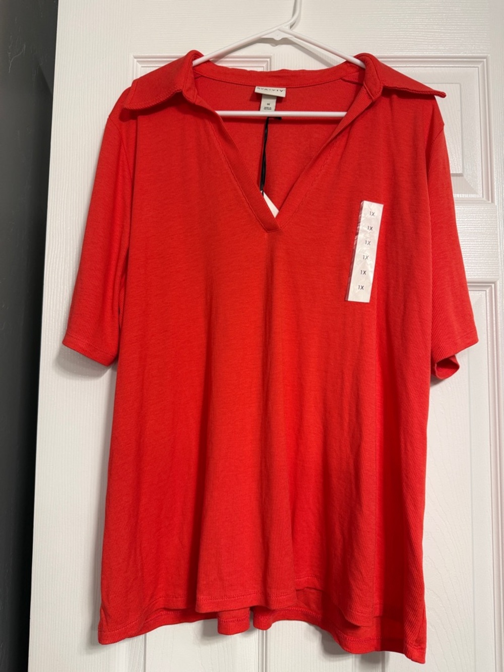 Ava & Viv Bright Red V-Neck Polo-Style Short Sleeve Top
